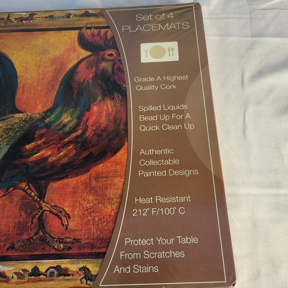 New 4 pc Cork backed placemat set, Painting of Tuscan Rooster 15.75